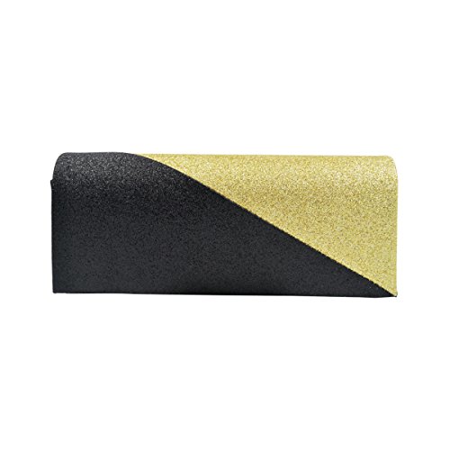 Premium Two Tone Metallic Glitter Flap Clutch Evening Bag Handbag, Gold