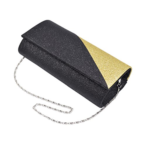 Premium Two Tone Metallic Glitter Flap Clutch Evening Bag Handbag, Gold