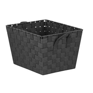 home basics multi-purpose medium woven strap open bin basket with handles, black