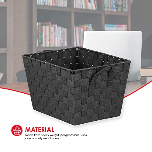 Home Basics Multi-Purpose Medium Woven Strap Open Bin Basket with Handles, Black