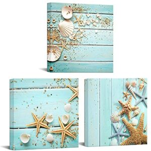 Nachic Wall - Teal Blue Canvas Wall Art Seashell Starfish Pictures Wall Decor Modern Sea Ocean Painting on Canvas Bathroom Decoration Stretched and Framed Ready to Hang