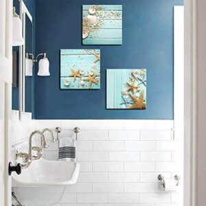 Nachic Wall - Teal Blue Canvas Wall Art Seashell Starfish Pictures Wall Decor Modern Sea Ocean Painting on Canvas Bathroom Decoration Stretched and Framed Ready to Hang