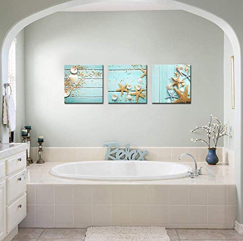 Nachic Wall - Teal Blue Canvas Wall Art Seashell Starfish Pictures Wall Decor Modern Sea Ocean Painting on Canvas Bathroom Decoration Stretched and Framed Ready to Hang