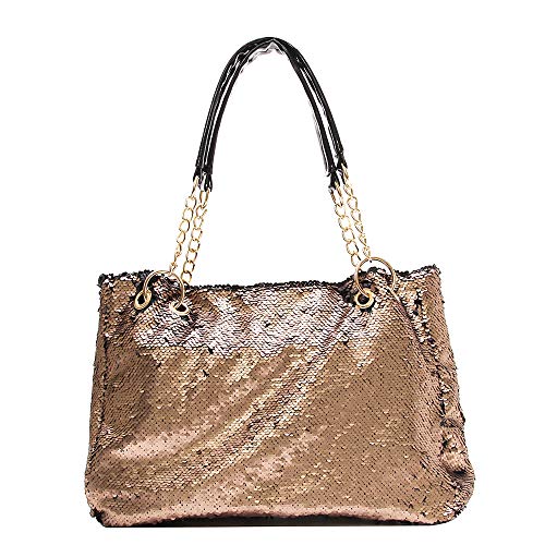 QTKJ Fashion Two Tone Reversible Sequin Tote Bag Zipper Shoulder Bag with Chain and Leather Straps (Gold)