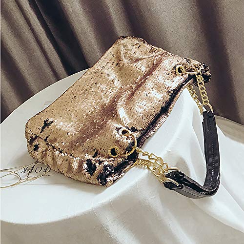 QTKJ Fashion Two Tone Reversible Sequin Tote Bag Zipper Shoulder Bag with Chain and Leather Straps (Gold)