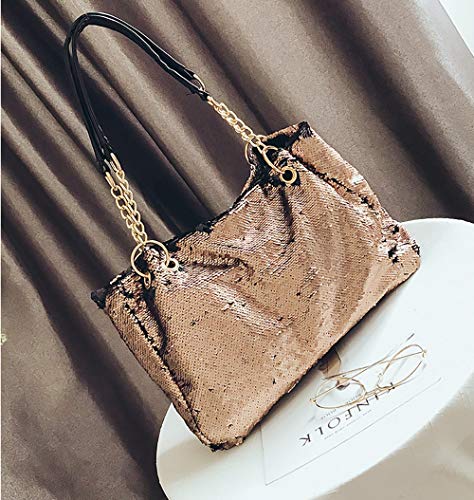 QTKJ Fashion Two Tone Reversible Sequin Tote Bag Zipper Shoulder Bag with Chain and Leather Straps (Gold)