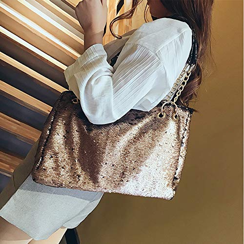 QTKJ Fashion Two Tone Reversible Sequin Tote Bag Zipper Shoulder Bag with Chain and Leather Straps (Gold)