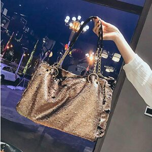 QTKJ Fashion Two Tone Reversible Sequin Tote Bag Zipper Shoulder Bag with Chain and Leather Straps (Gold)