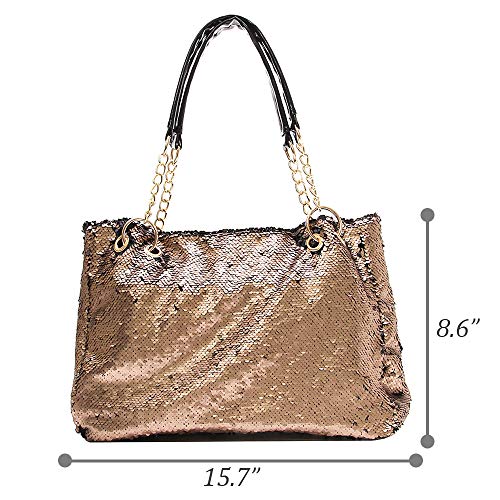 QTKJ Fashion Two Tone Reversible Sequin Tote Bag Zipper Shoulder Bag with Chain and Leather Straps (Gold)