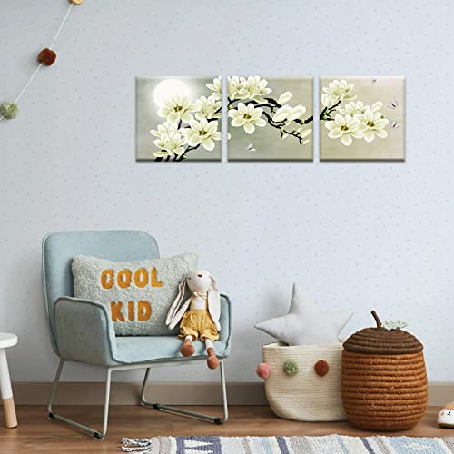 Natural art – White Magnolia & Butterfly Under the Moon Modern Giclee Canvas Prints Paintings to Photo Printed Artwork for Wall Decor