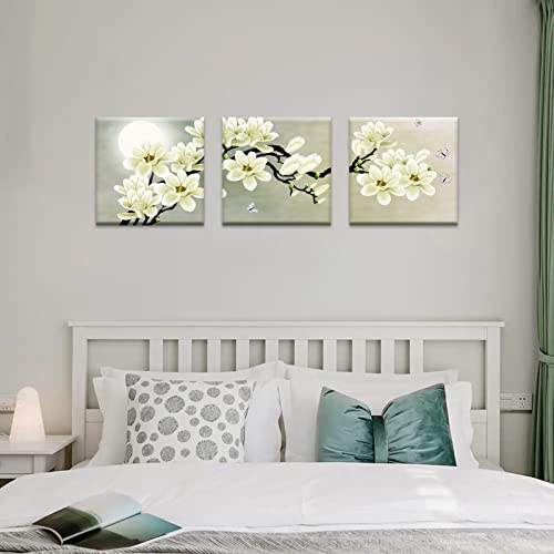 Natural art – White Magnolia & Butterfly Under the Moon Modern Giclee Canvas Prints Paintings to Photo Printed Artwork for Wall Decor