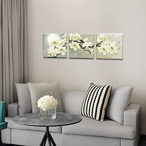 Natural art – White Magnolia & Butterfly Under the Moon Modern Giclee Canvas Prints Paintings to Photo Printed Artwork for Wall Decor