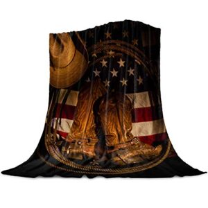 t&h xhome flannel fleece microfiber throw blanket usa western blanket, cowboy hat with boots rope on american flag soft warm fuzzy lightweight bed blankets for couch bedroom living room 50″x80″