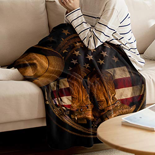 T&H XHome Flannel Fleece Microfiber Throw Blanket USA Western Blanket, Cowboy Hat with Boots Rope on American Flag Soft Warm Fuzzy Lightweight Bed Blankets for Couch Bedroom Living Room 50"x80"