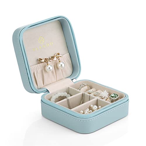 Vlando Small Travel Jewelry Box Organizer Display Case for Girls Women Gift Rings Earrings Necklaces Storage, Blue