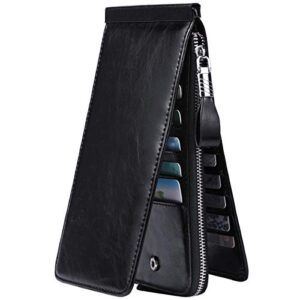 JEEBURYEE Women's Oil Wax Real Leather Multi Credit Card Holder Wallet RFID Blocking Long Bifold Clutch Wallet Ladies Purse with Zipper Pocket Black