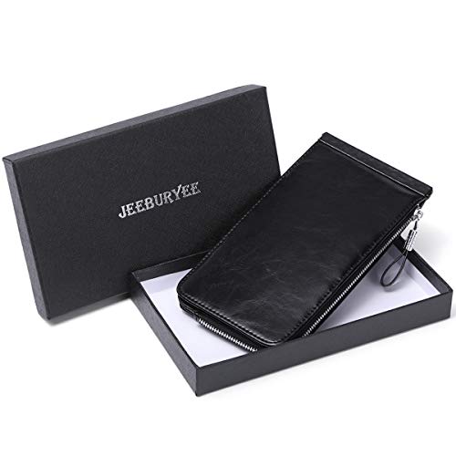 JEEBURYEE Women's Oil Wax Real Leather Multi Credit Card Holder Wallet RFID Blocking Long Bifold Clutch Wallet Ladies Purse with Zipper Pocket Black