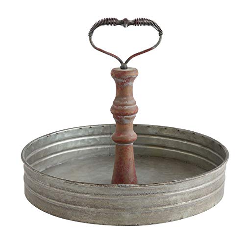 Creative Co-op DA6875 Round Metal & Wood Handle Decorative Wood Tray, Silver