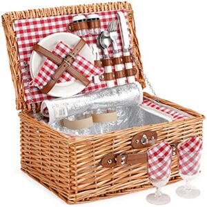 wicker picnic basket for 2 person, willow hamper basket sets with insulated compartment, handmade 2 person picnic basket classical red check with utensils cutlery perfect for picnic, camping