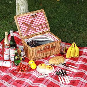 Wicker Picnic Basket for 2 Person, Willow Hamper Basket Sets with Insulated Compartment, Handmade 2 Person Picnic Basket Classical Red Check with Utensils Cutlery Perfect for Picnic, Camping