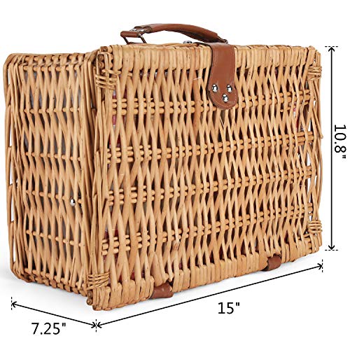 Wicker Picnic Basket for 2 Person, Willow Hamper Basket Sets with Insulated Compartment, Handmade 2 Person Picnic Basket Classical Red Check with Utensils Cutlery Perfect for Picnic, Camping