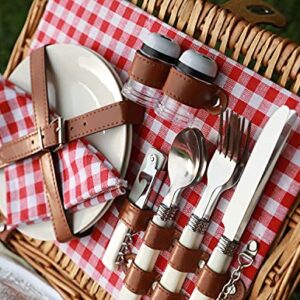 Wicker Picnic Basket for 2 Person, Willow Hamper Basket Sets with Insulated Compartment, Handmade 2 Person Picnic Basket Classical Red Check with Utensils Cutlery Perfect for Picnic, Camping