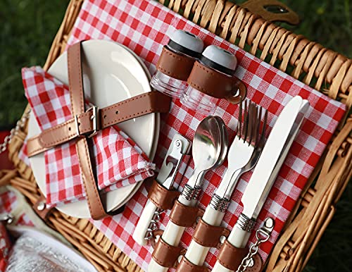 Wicker Picnic Basket for 2 Person, Willow Hamper Basket Sets with Insulated Compartment, Handmade 2 Person Picnic Basket Classical Red Check with Utensils Cutlery Perfect for Picnic, Camping