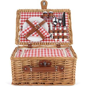 Wicker Picnic Basket for 2 Person, Willow Hamper Basket Sets with Insulated Compartment, Handmade 2 Person Picnic Basket Classical Red Check with Utensils Cutlery Perfect for Picnic, Camping