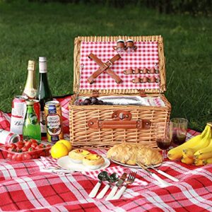 Wicker Picnic Basket for 2 Person, Willow Hamper Basket Sets with Insulated Compartment, Handmade 2 Person Picnic Basket Classical Red Check with Utensils Cutlery Perfect for Picnic, Camping