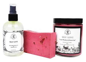 self-love set with soy candle, body spray & soap | handmade with herbs & essential oils | acceptance, self-worth, & forgiveness | wiccan, pagan, yoga & magick