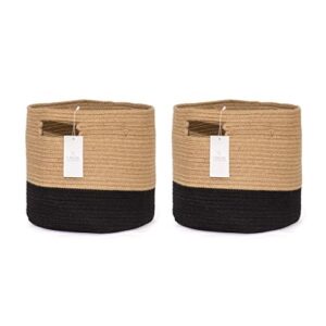 chloe and cotton woven cube storage baskets with handles | set of 2 | cute decorative bins for shelves, bookcases, cubbies, & organizing containers | black & tan