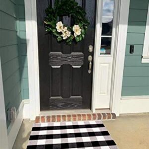 Cotton Buffalo Plaid Rugs 27.5x43 Inches Black and White Checkered Front Porch Plaid Door Mats Woven Washable Layered Welcome Mat for Kitchen Carpet Outdoor Porch Entry Way Decor