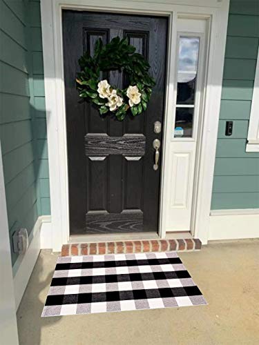 Cotton Buffalo Plaid Rugs 27.5x43 Inches Black and White Checkered Front Porch Plaid Door Mats Woven Washable Layered Welcome Mat for Kitchen Carpet Outdoor Porch Entry Way Decor