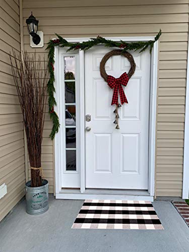 Cotton Buffalo Plaid Rugs 27.5x43 Inches Black and White Checkered Front Porch Plaid Door Mats Woven Washable Layered Welcome Mat for Kitchen Carpet Outdoor Porch Entry Way Decor