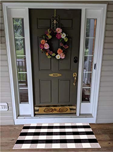 Cotton Buffalo Plaid Rugs 27.5x43 Inches Black and White Checkered Front Porch Plaid Door Mats Woven Washable Layered Welcome Mat for Kitchen Carpet Outdoor Porch Entry Way Decor