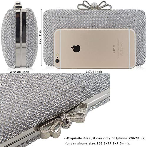 Dexmay Rhinestone Crystal Clutch Purse with Bow Clasp Evening Bag for Wedding Party Silver