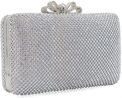 Dexmay Rhinestone Crystal Clutch Purse with Bow Clasp Evening Bag for Wedding Party Silver