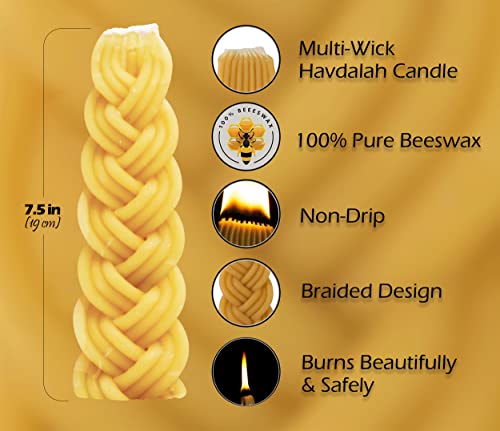 Ner Mitzvah Braided Beeswax Havdalah Candle - Wide Rounded Chevron Braid - 7" Hand Dipped Bees Wax Braided Candle - Shabbat Judaica Gift