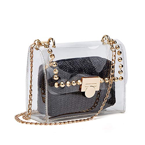 YYW 2 in 1 Clear Purses for Women Clear Clutch Purse, Clear Studded Crossbody Bag Stadium Approved, with Straw Purse (Black)