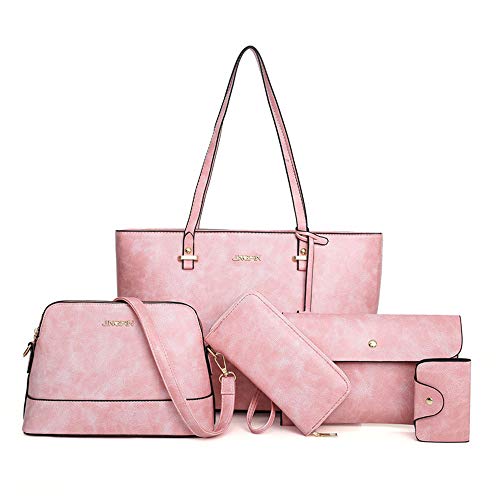 Handbag Set for Women 5 Pack Tote Purse Handbags Set PU Leather Satchel Shoulder Crossbody Wallet Card Holder Bag Set, Pink