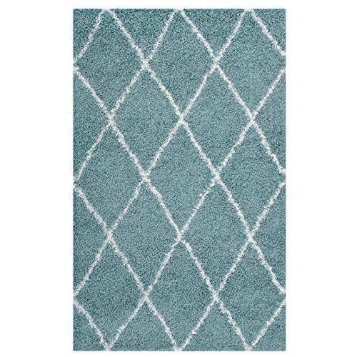 Modway Toryn Diamond Trellis 5x8 High Pile Shag Area Rug With Lattice Design In Aqua Blue and Ivory