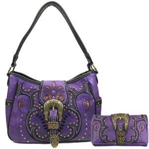 justin west patina girl western bronze floral buckle conceal carry handbag purse tote and strap wallet (purple hobo wallet set)