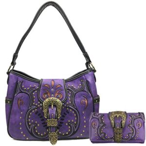 Justin West Patina Girl Western Bronze Floral Buckle Conceal Carry Handbag Purse Tote and Strap Wallet (Purple Hobo Wallet Set)