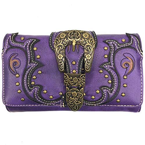 Justin West Patina Girl Western Bronze Floral Buckle Conceal Carry Handbag Purse Tote and Strap Wallet (Purple Hobo Wallet Set)