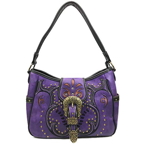 Justin West Patina Girl Western Bronze Floral Buckle Conceal Carry Handbag Purse Tote and Strap Wallet (Purple Hobo Wallet Set)