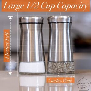 HOME EC Original Glass Salt and Pepper Shakers Set with Adjustable Pour Holes - Stainless Steel Salt Shaker and Pepper Shaker - Farmhouse Salt and Pepper Shaker Set for salts and spices