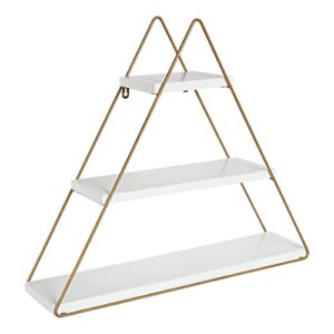 kate and laurel tilde small three tiered triangle floating metal wall shelf, white and gold