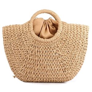erouge natural chic straw bag hand woven round handle handbags retro summer beach bag beach bag (coyote brown)…