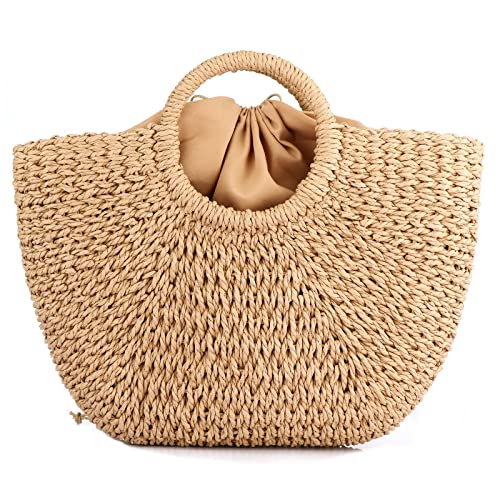 EROUGE Natural Chic Straw Bag Hand Woven Round Handle Handbags Retro Summer Beach Bag Beach Bag (Coyote brown)…