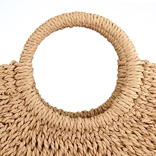 EROUGE Natural Chic Straw Bag Hand Woven Round Handle Handbags Retro Summer Beach Bag Beach Bag (Coyote brown)…